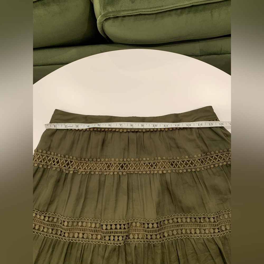 White House Black Market Military Skirt Olive Green Size SP Tiered Lace Trim - Picture 7 of 12
